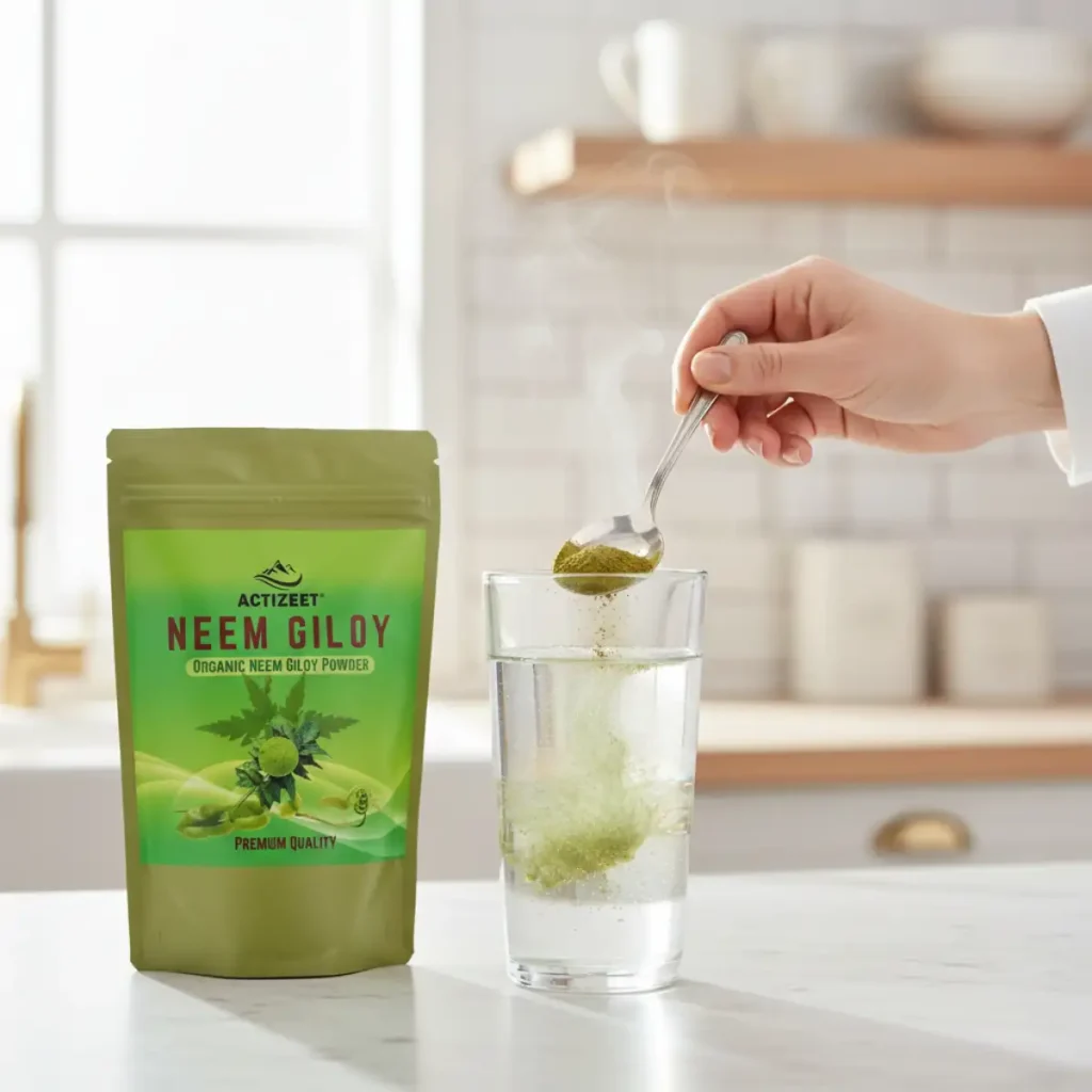 Hand stirring Neem Giloy powder into a glass of warm water