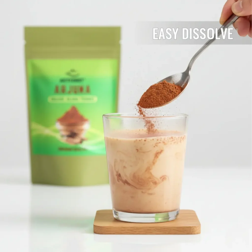 High speed shot of Arjuna powder being stirred into a glass of warm milk