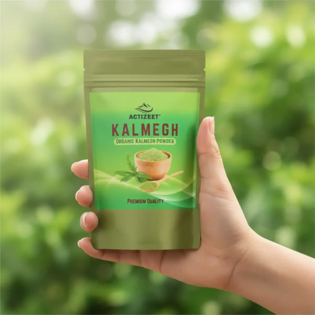 Indian hand holding ACTIZEET Kalmegh powder pouch with blurred greenery