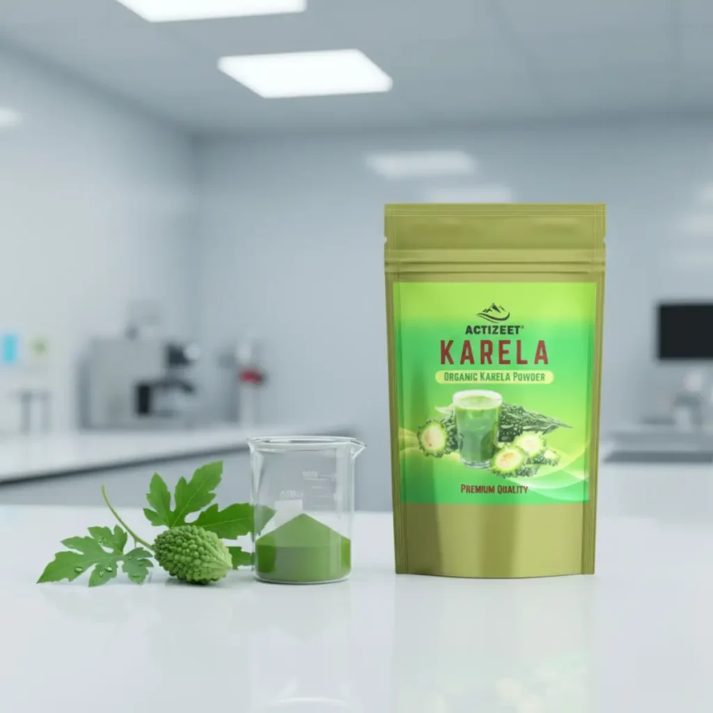 Karela powder pouch next to a glass laboratory beaker and fresh herb sprig