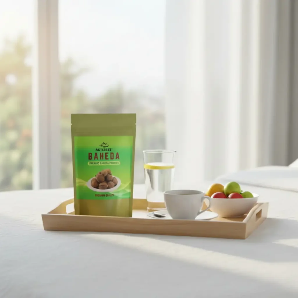 Morning wellness tray with Baheda powder water and lemon
