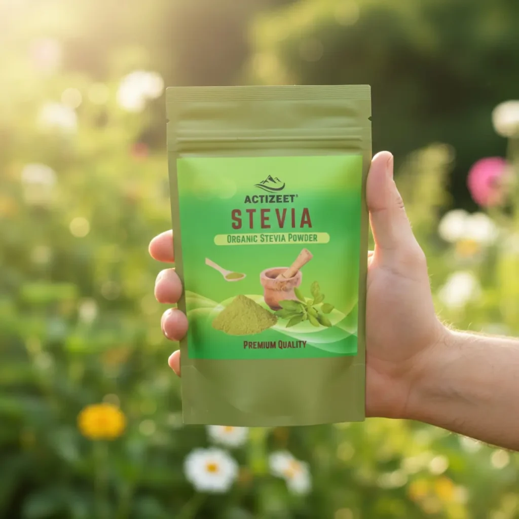 Person holding Actizeet stevia pouch in a lush green garden