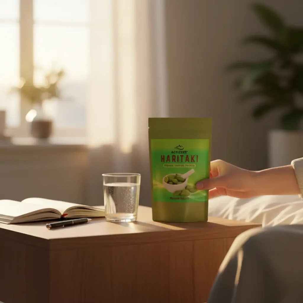 Reaching for Haritaki powder on bedside table with water and journal