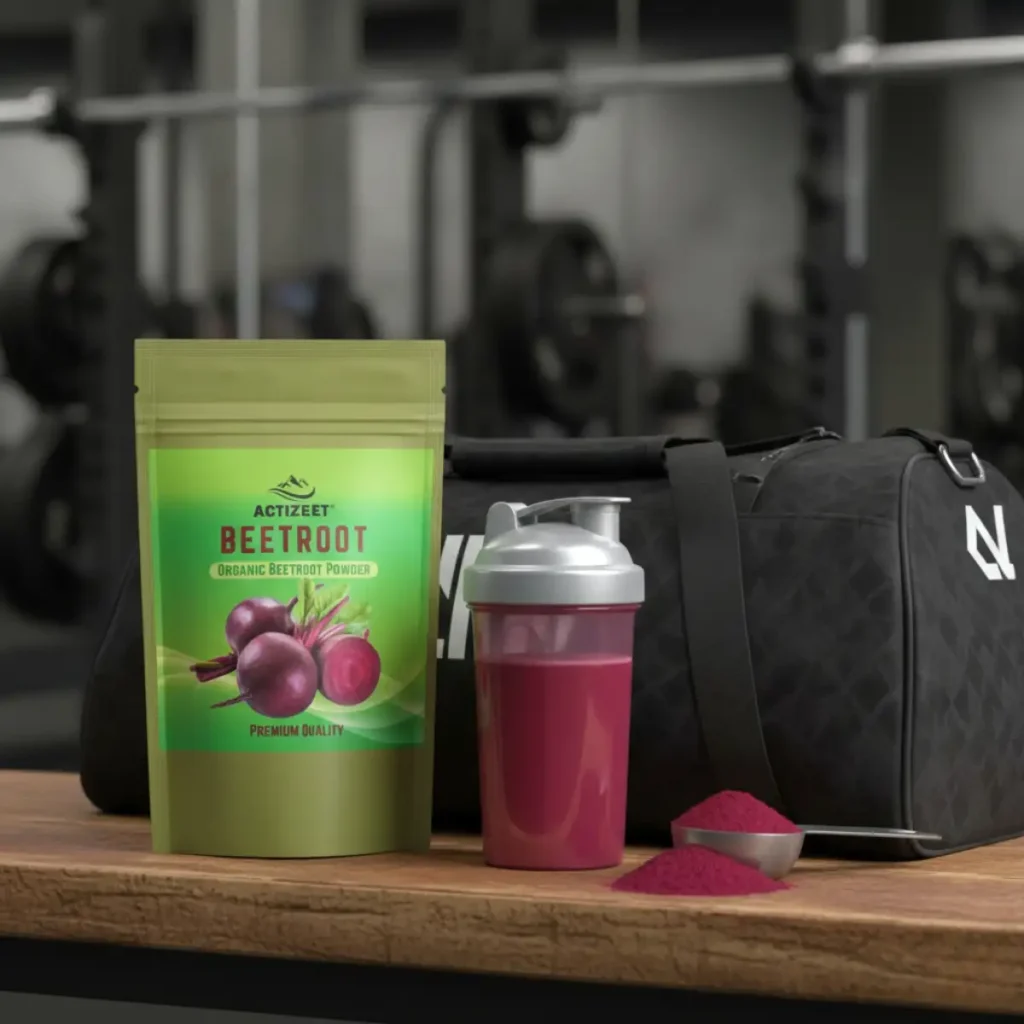 Red pre-workout drink in a shaker bottle with ACTIZEET pouch on a gym bench