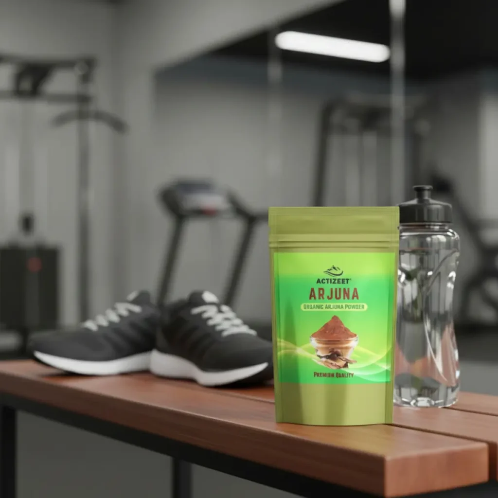 Running shoes and water bottle with ACTIZEET Arjuna powder in a gym setting