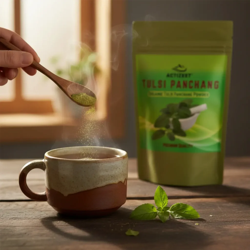 Stirring green Tulsi powder into a steaming ceramic mug of tea with the product pouch