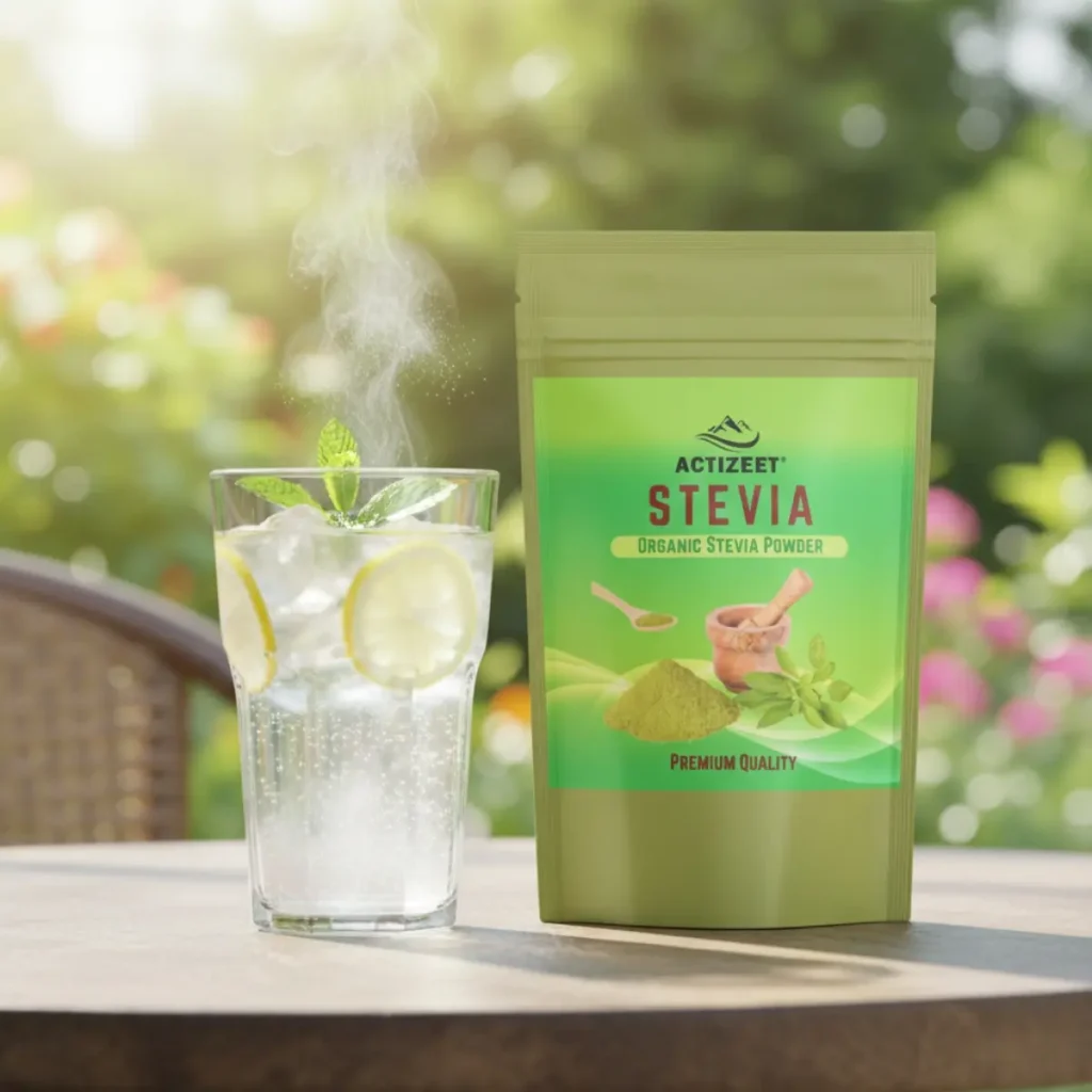 Tall glass of iced lemon water with mint and dissolving stevia powder