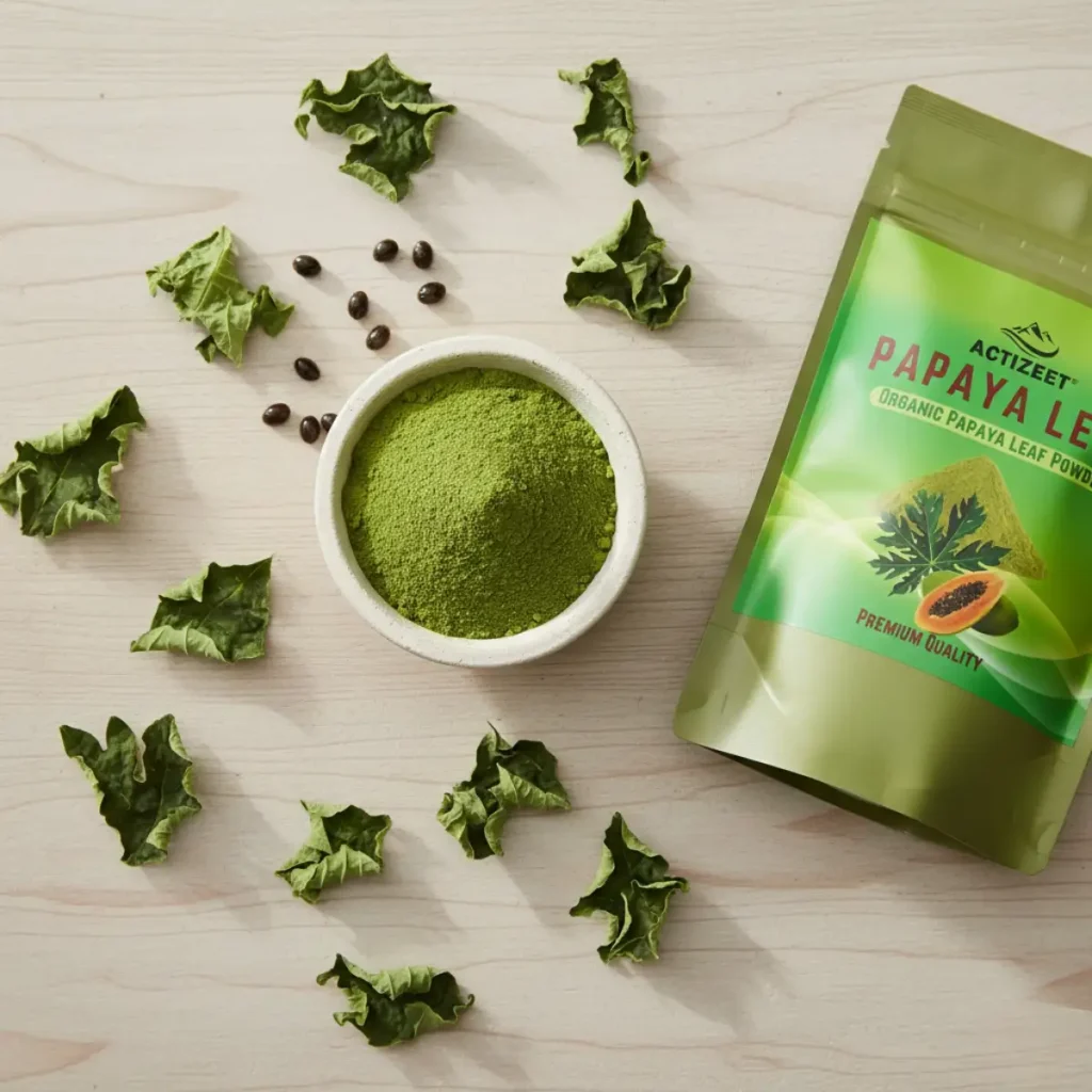 Top down view of Papaya Leaf Powder in a ceramic bowl surrounded by dried leaf fragments and papaya seeds
