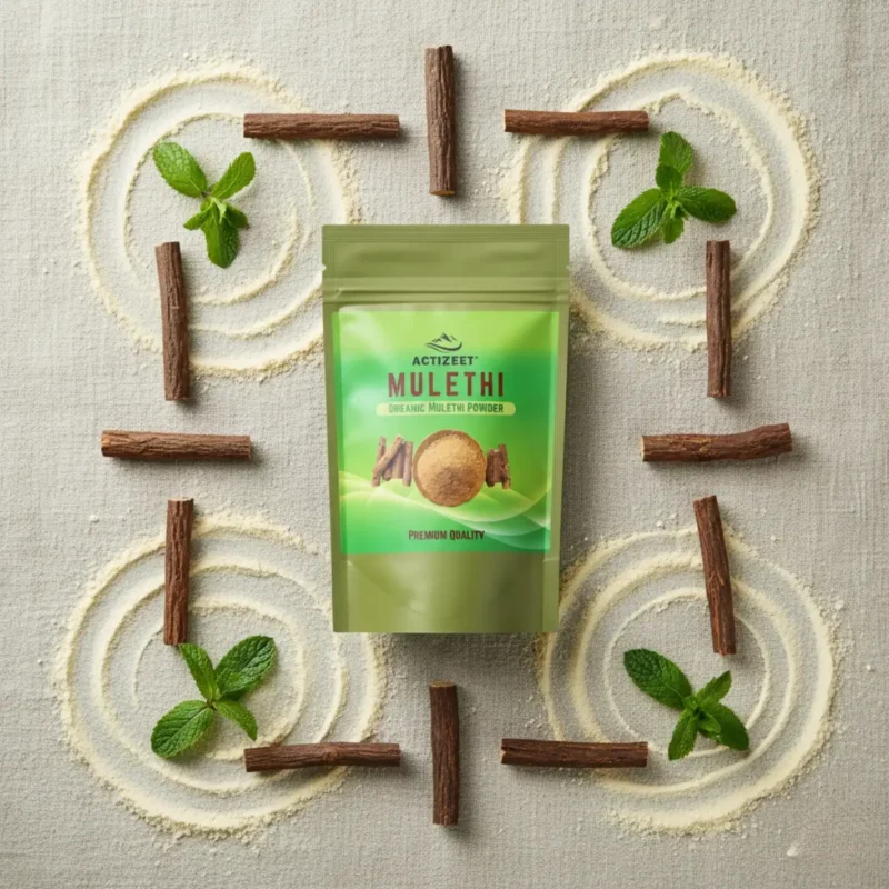 Top view flatlay of ACTIZEET Mulethi with mint and licorice sticks