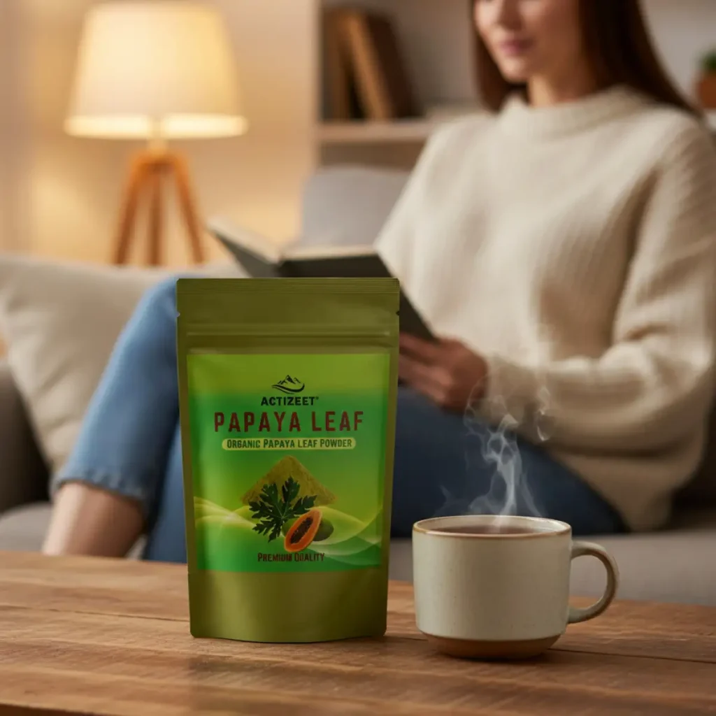 Warm cup of herbal tea next to ACTIZEET Papaya Leaf Powder pouch with a blurred person in a knit sweater