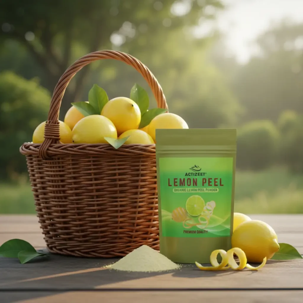 Wicker basket filled with fresh lemons and a tucked in ACTIZEET powder pouch
