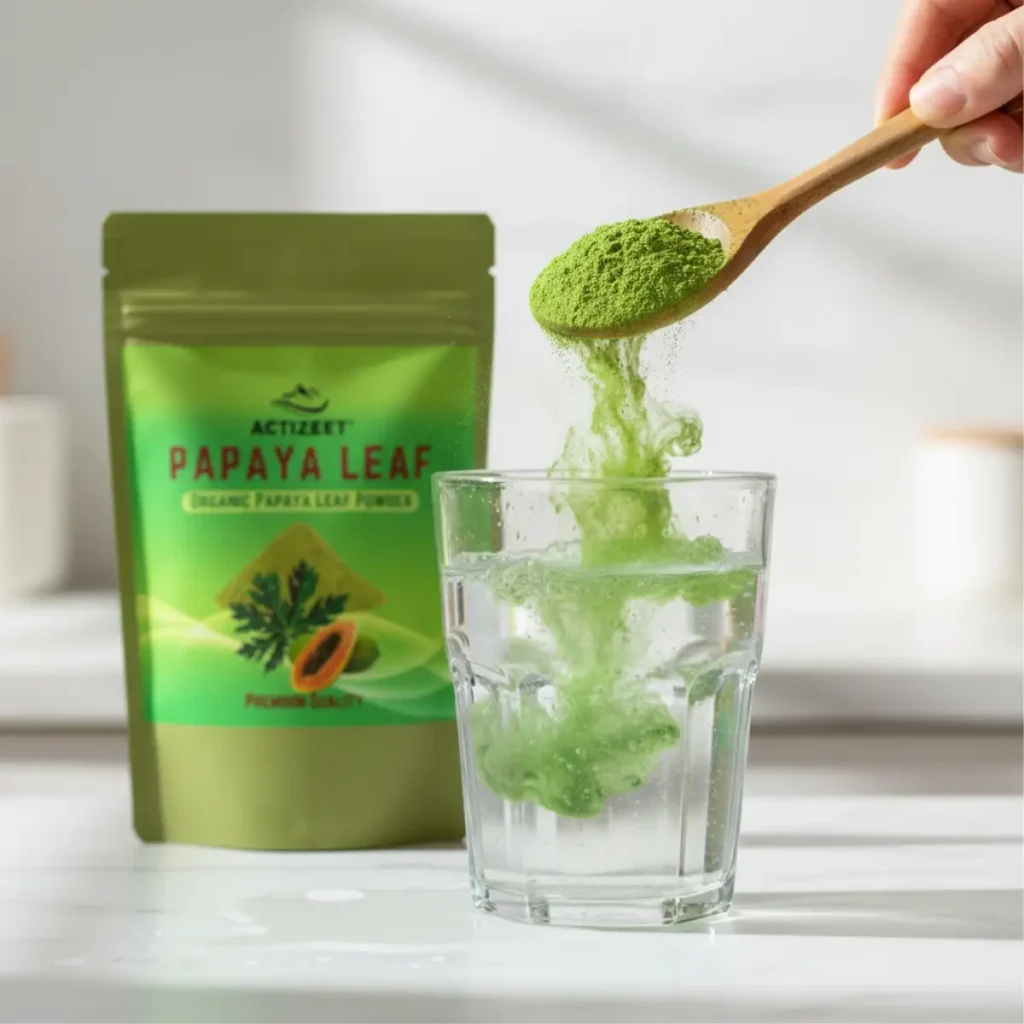 Wooden spoon stirring green papaya leaf powder into a glass of water, capturing the dissolving ripple