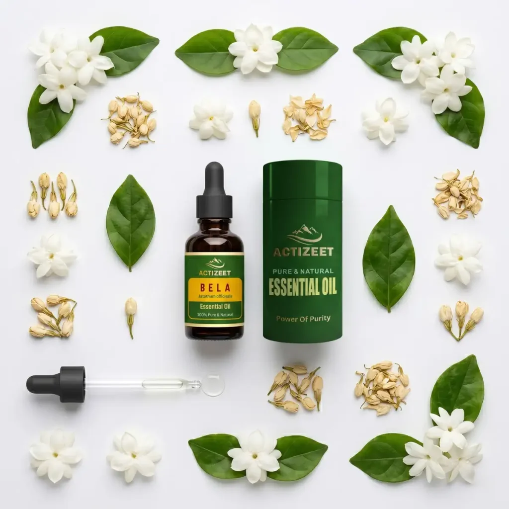 Authentic ACTIZEET Bela Essential Oil therapeutic grade natural jasmine flowers background