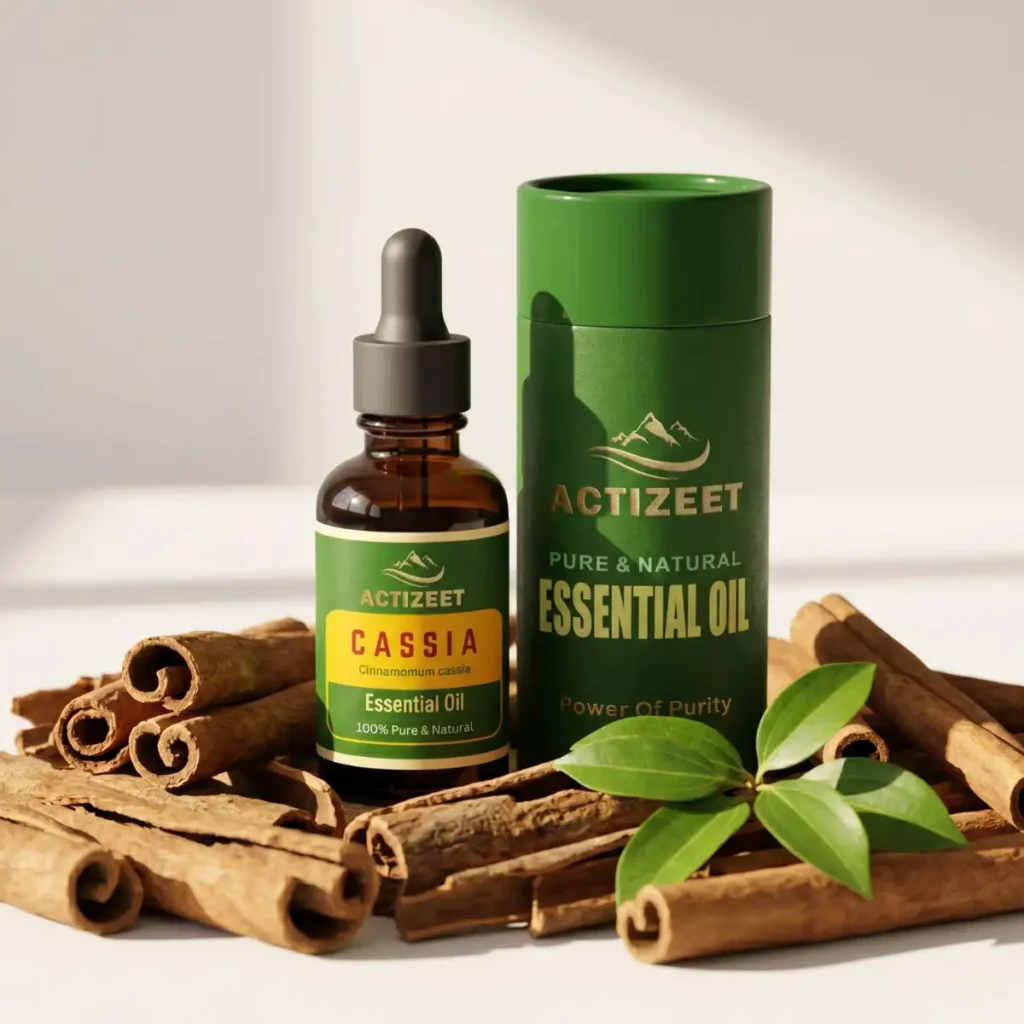 Pure Cassia Essential Oil Bottle Resting On Cinnamon Bark Curls