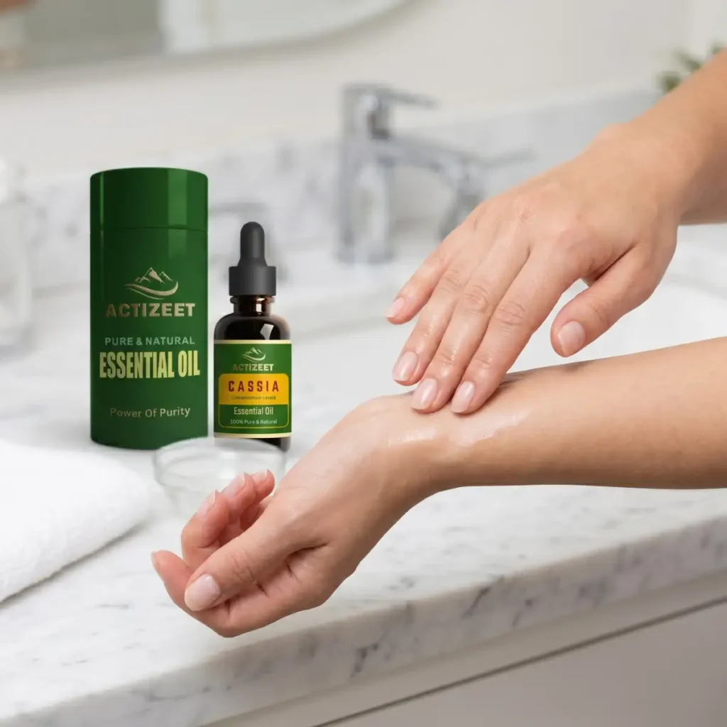 Therapeutic Cassia Massage Oil Dropping Onto Person Wrist Skin