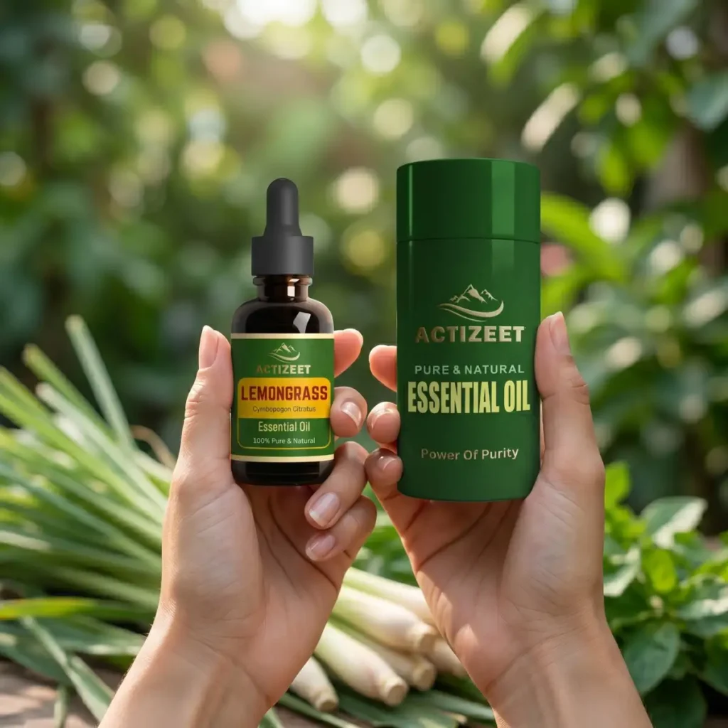 hands holding natural lemongrass oil and cylinder box product