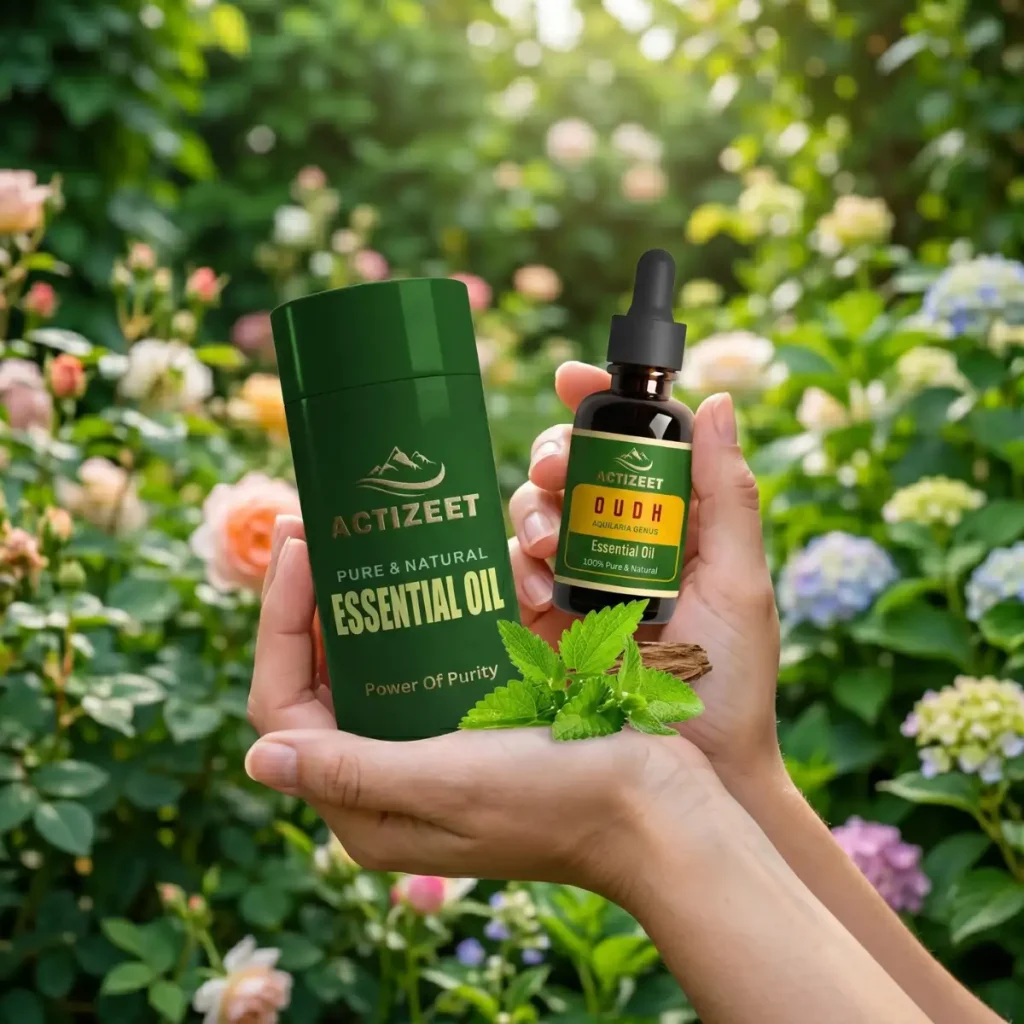 ACTIZEET Oudh Oil Bottle and Box in Human Hands