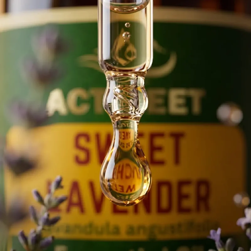 Close up amber glass dropper bottle lavender oil label
