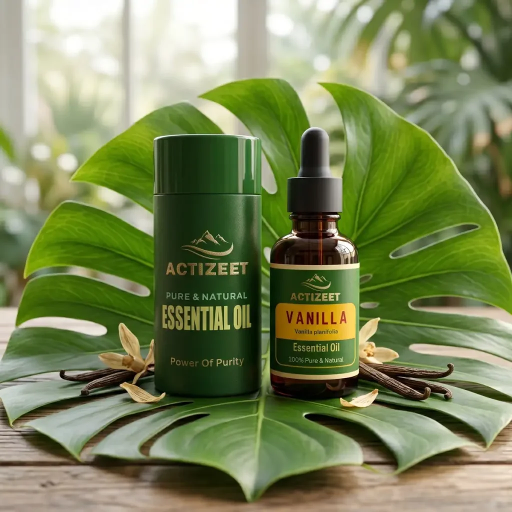 Natural Plant-Based Vanilla Oil on Tropical Green Leaf