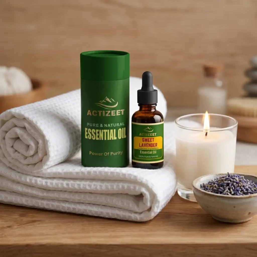 Relaxing spa quality lavender oil on white towel